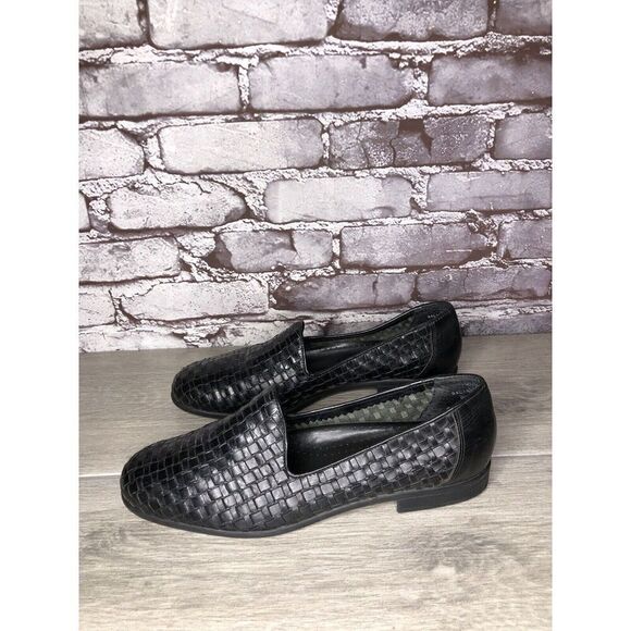 BASS Regina Black Leather Weaves Woven Basket weave Loafers Women Sz 10M US/41EU - Picture 1 of 16